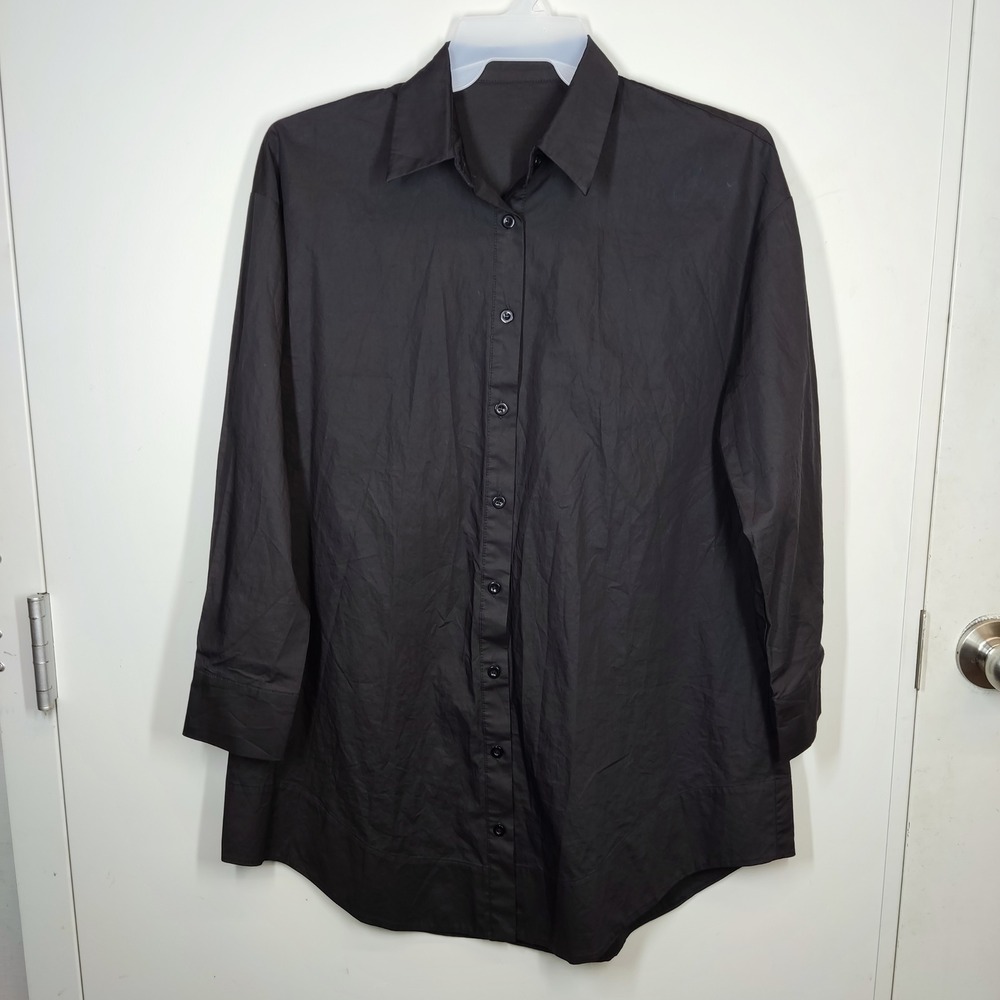LYANER Button Down Shirt Womens L Black Oversized Tunic Cotton Long Sleeve Top
